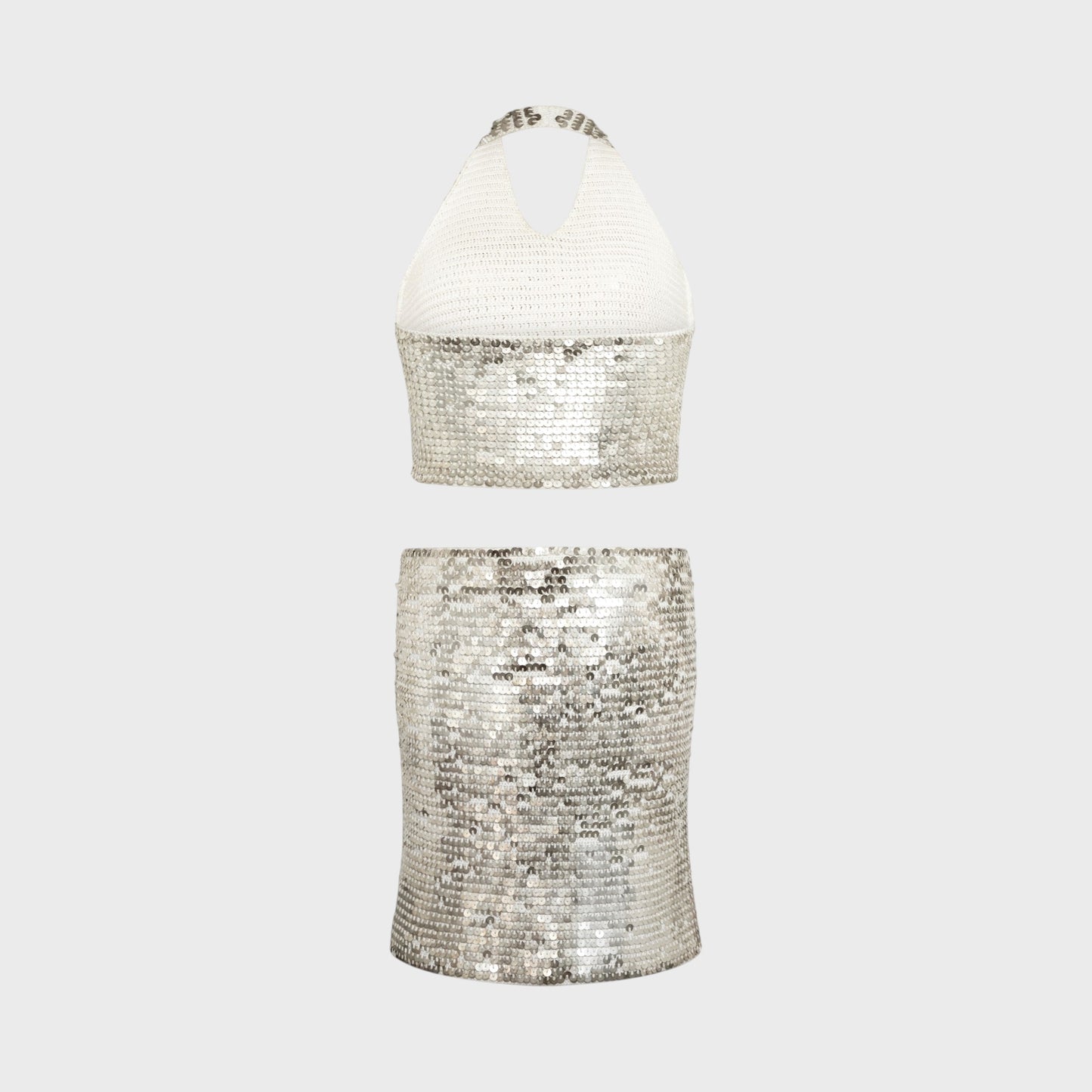 Silver Sequin Halter Top & Skirt Set Chanel SS 2000 by Karl Lagerfeld