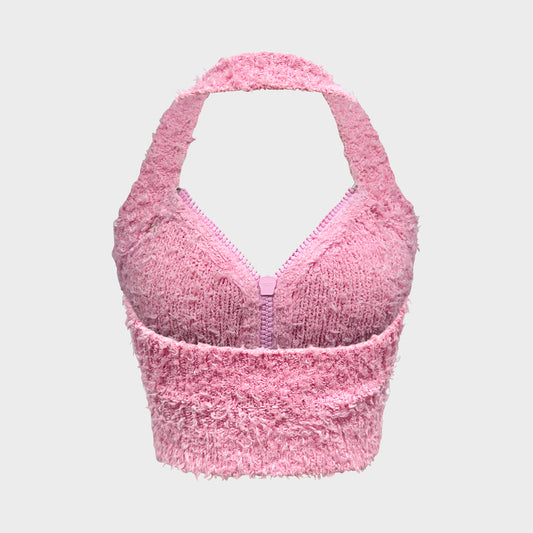 Pink Bouclé Halter Zip Top Moschino SS 2015 by Jeremy Scott