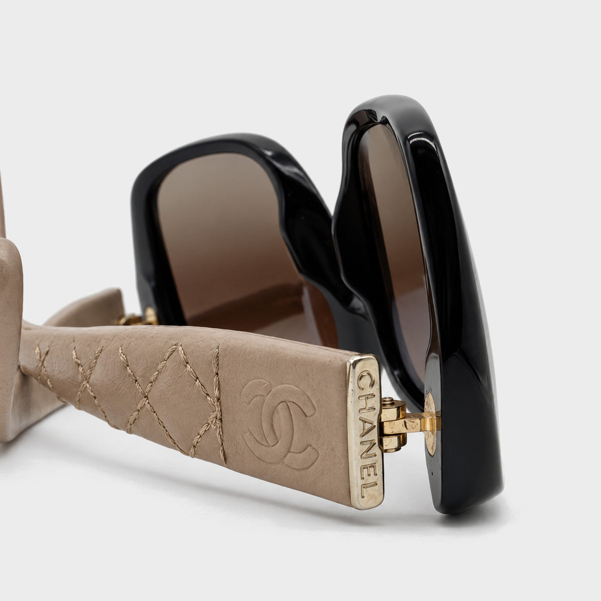 Black & Beige Leather Quilted Sunglasses Chanel