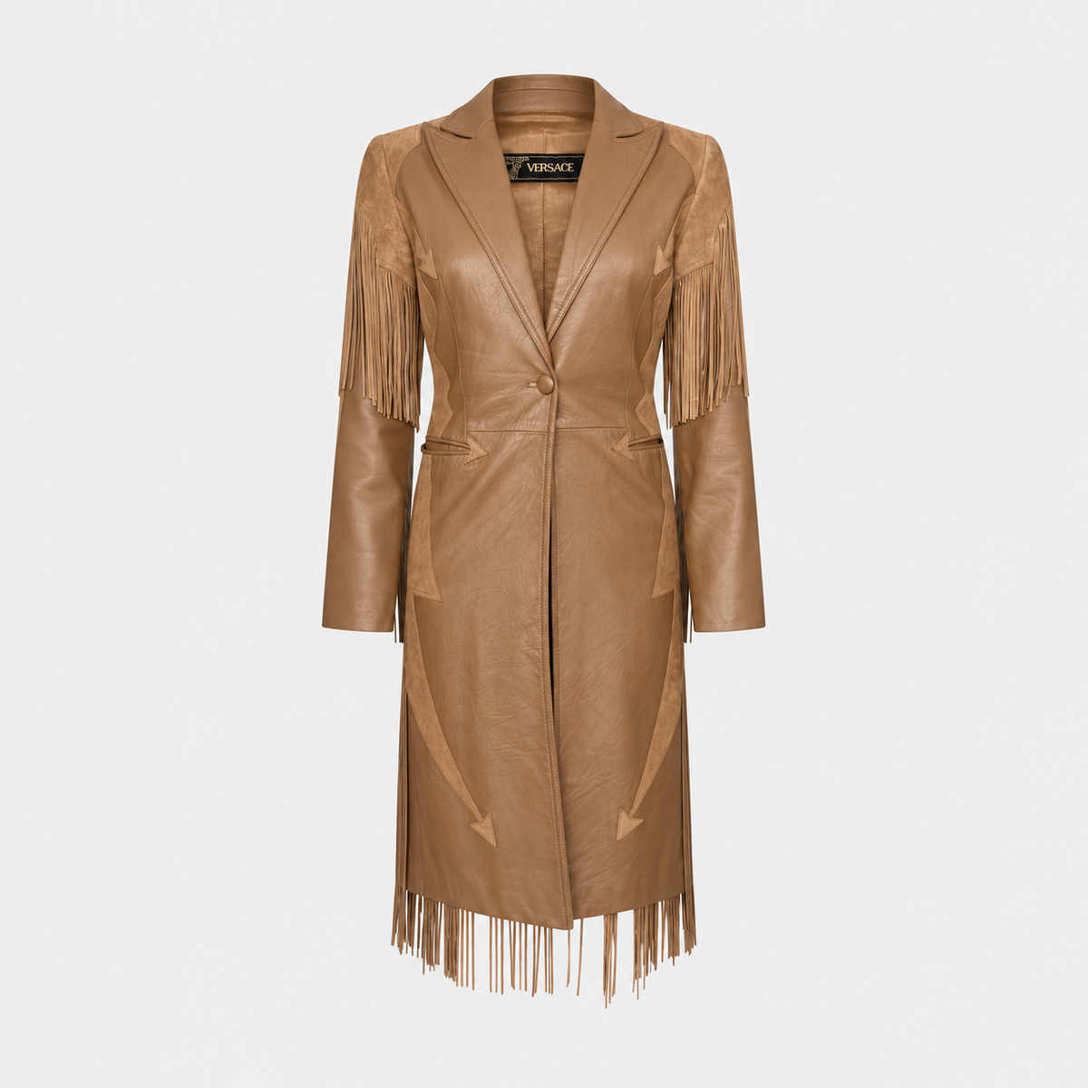 Brown Leather Fringed Trench Coat Versace FW 2003