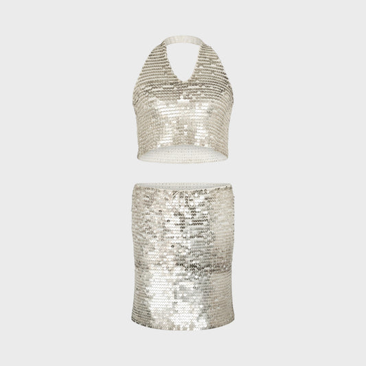 Silver Sequin Halter Top & Skirt Set Chanel SS 2000 by Karl Lagerfeld