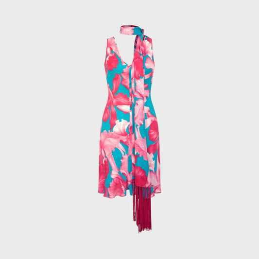 Floral Print Silk Dress with Fringed Scarf Celine SS 2004 by Michael Kors