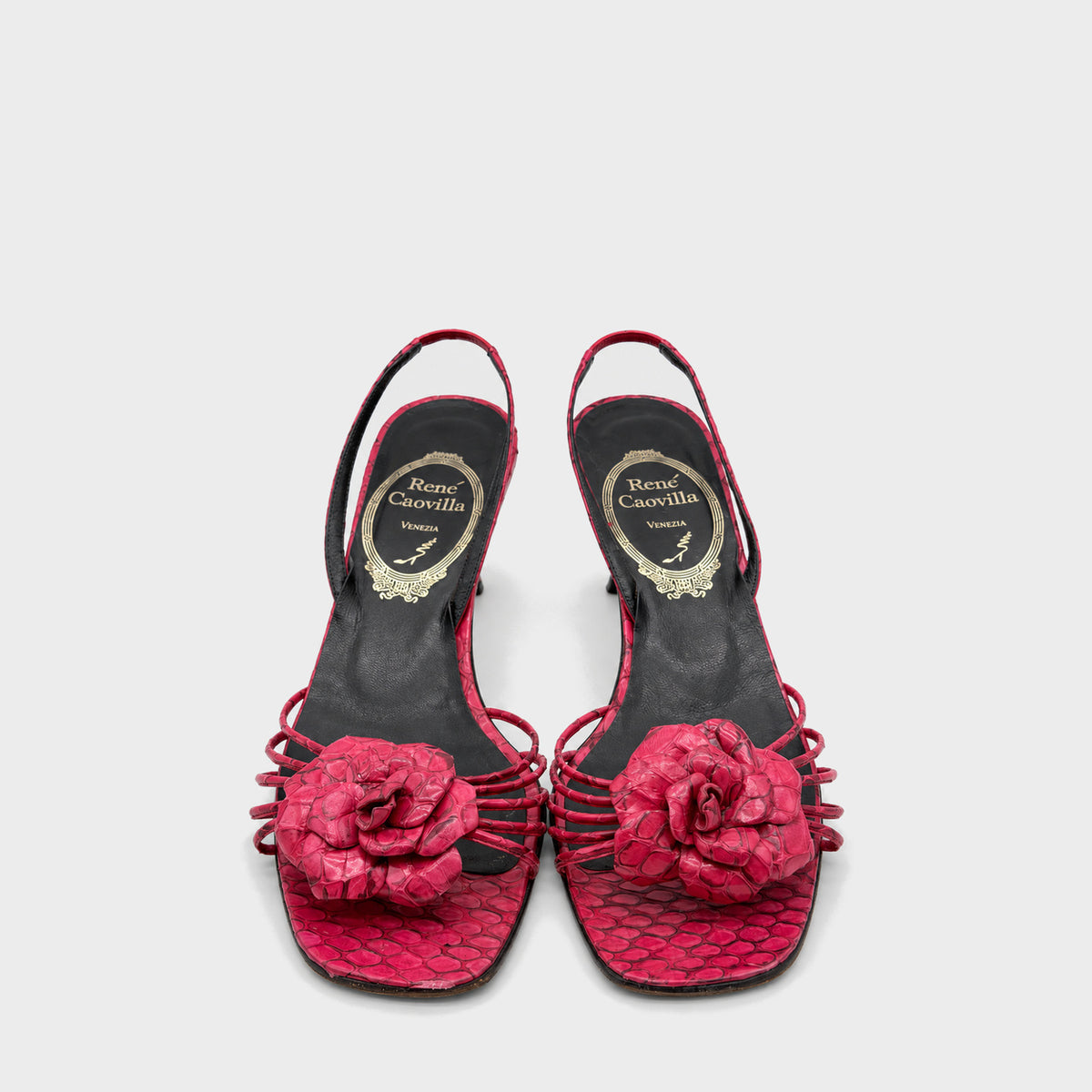 Red Snakeskin Flower Slingback Heels Rene Caovilla