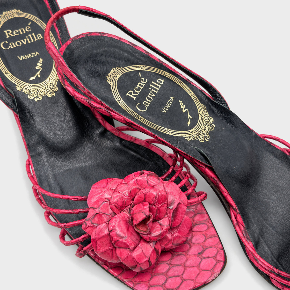 Red Snakeskin Flower Slingback Heels Rene Caovilla