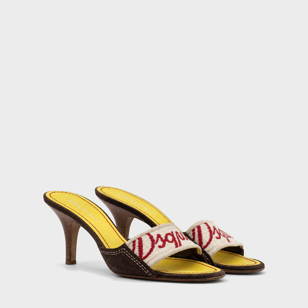 Brown & Yellow Logo Canvas Heeled Mules Dsquared2