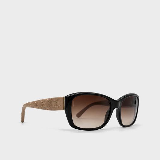 Black & Beige Leather Quilted Sunglasses Chanel