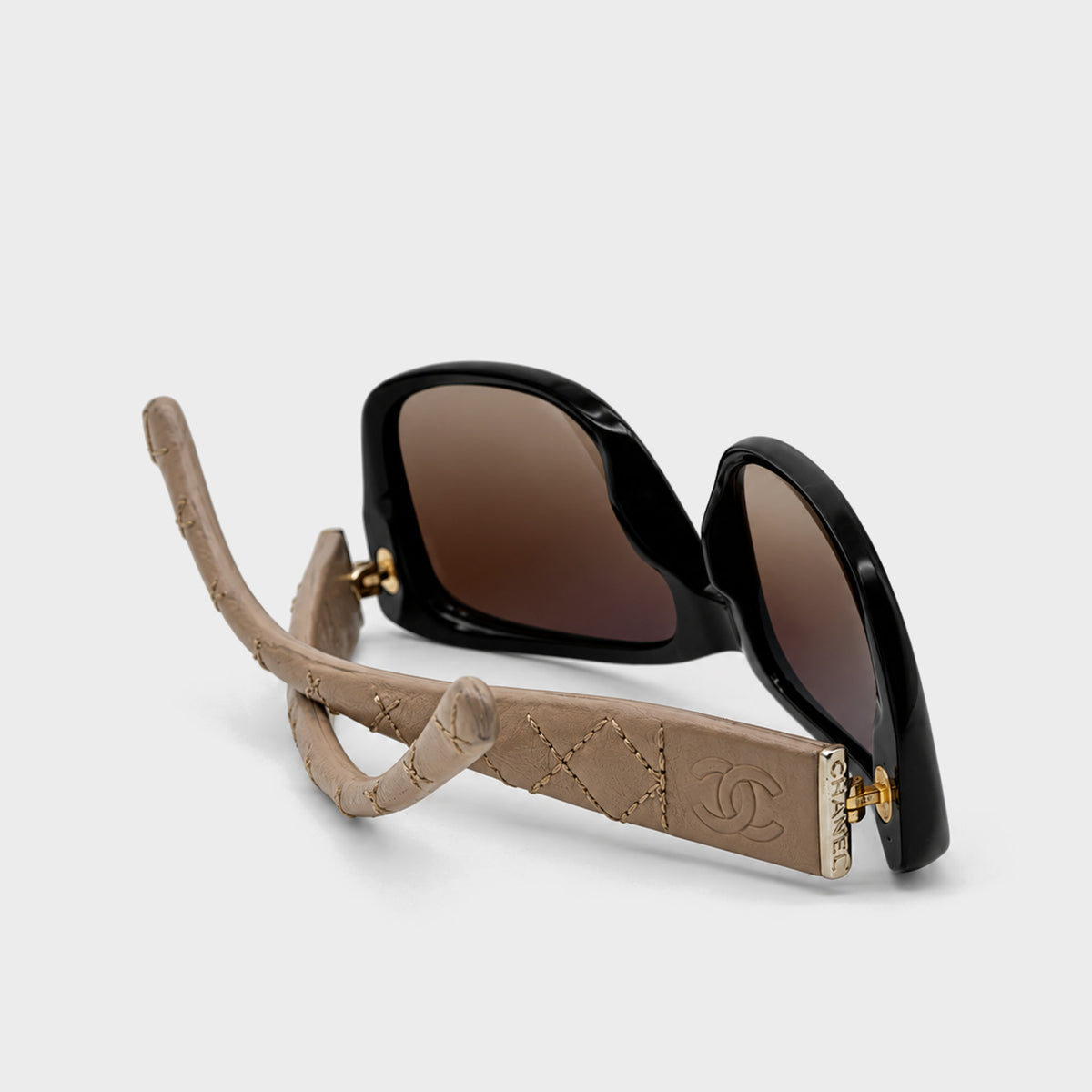 Black & Beige Leather Quilted Sunglasses Chanel