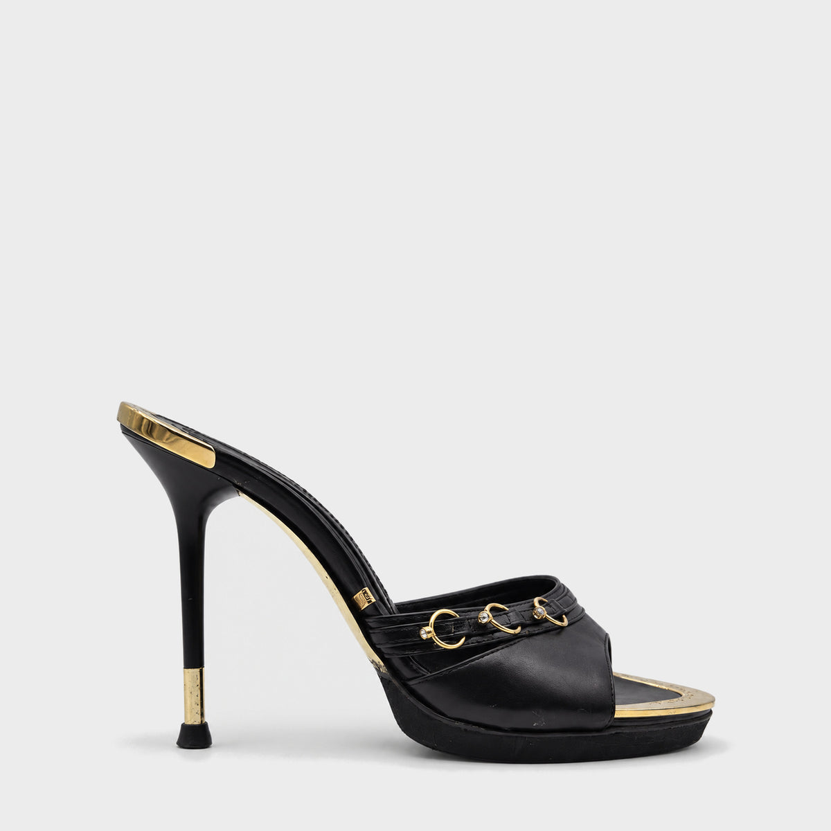Black Leather & Gold Ring Mules Gianmarco Lorenzi