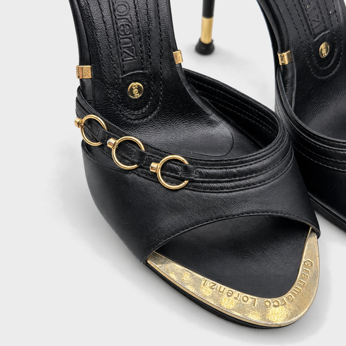 Black Leather & Gold Ring Mules Gianmarco Lorenzi