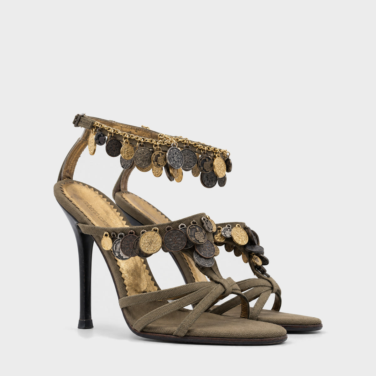 Khaki Coin-Embellished Sandals Roberto Cavalli