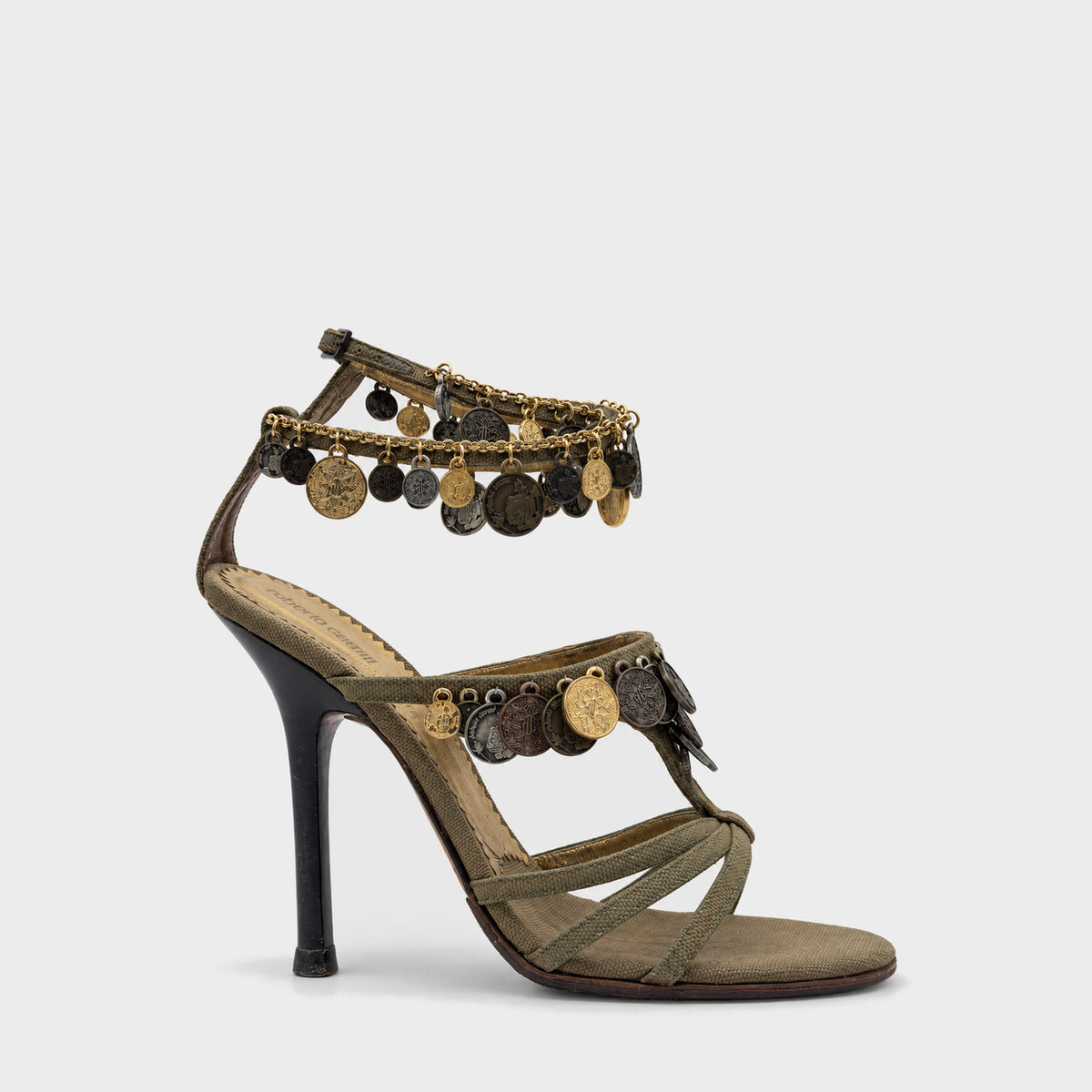 Khaki Coin-Embellished Sandals Roberto Cavalli