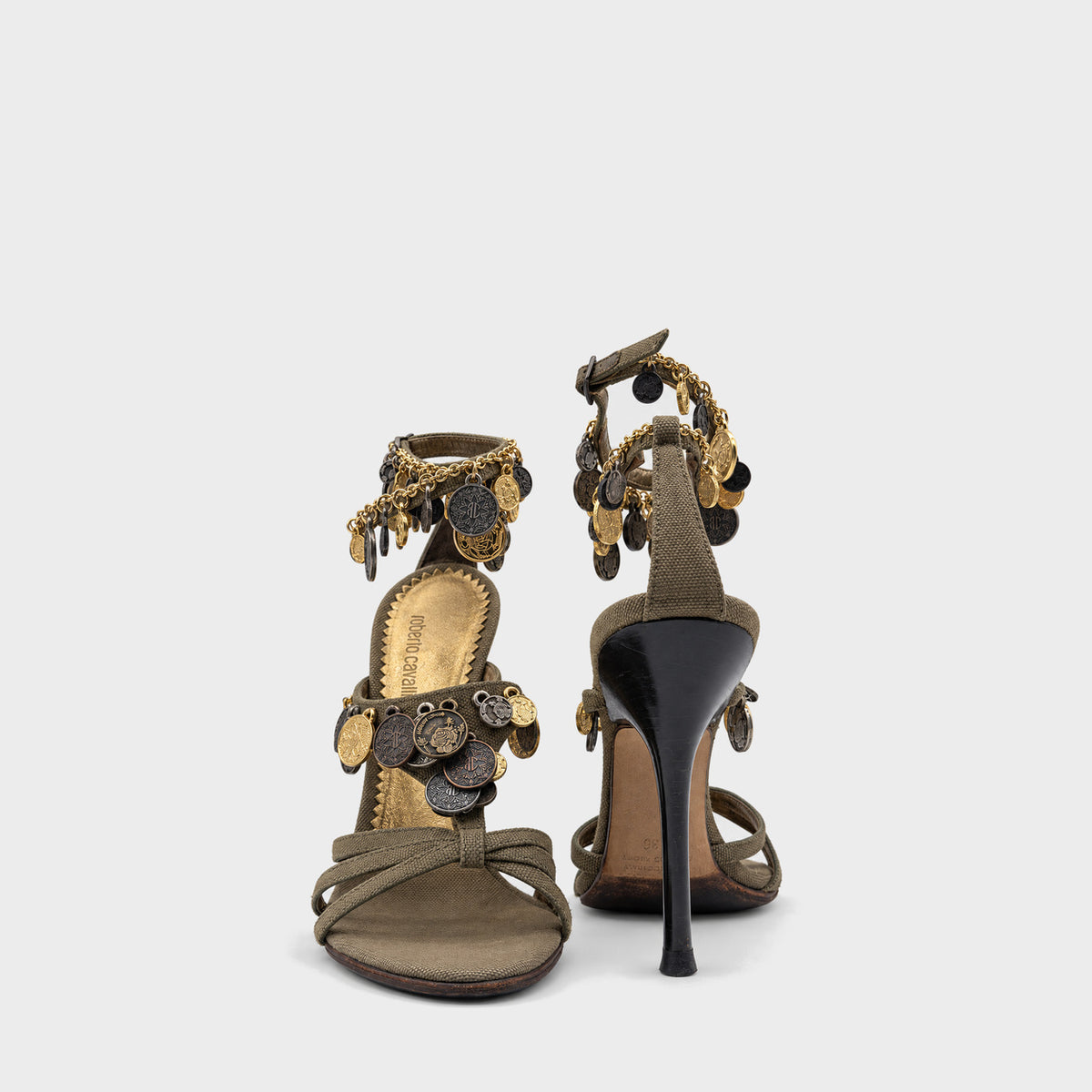 Khaki Coin-Embellished Sandals Roberto Cavalli
