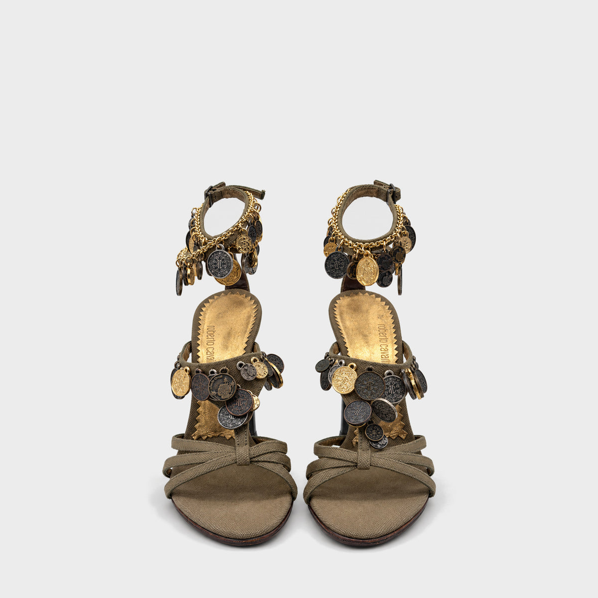 Khaki Coin-Embellished Sandals Roberto Cavalli