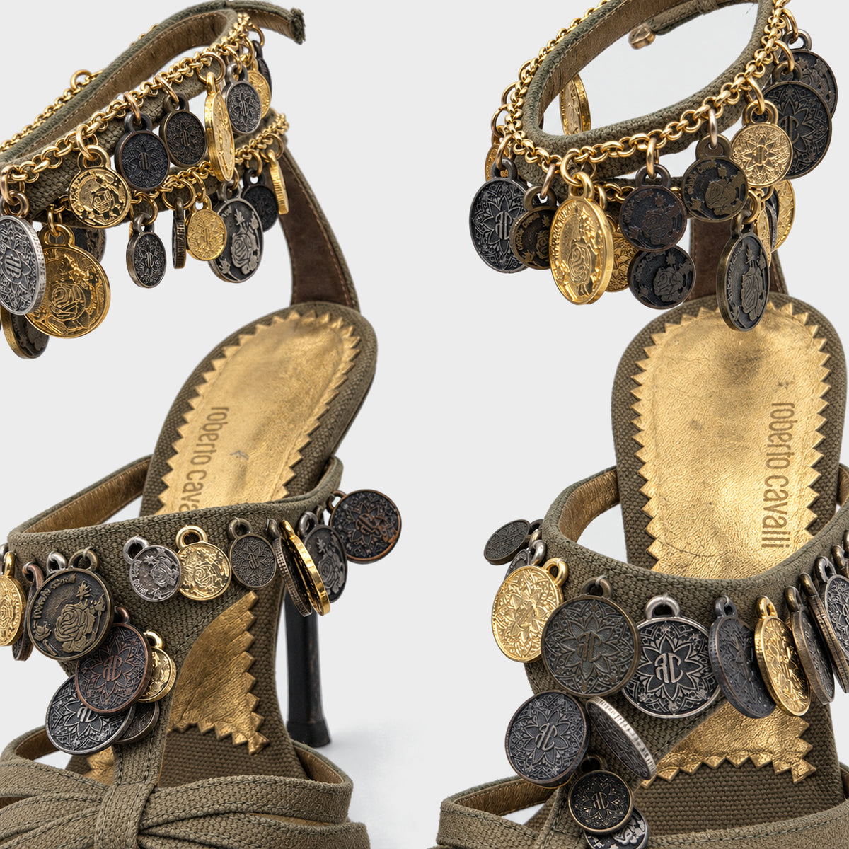 Khaki Coin-Embellished Sandals Roberto Cavalli
