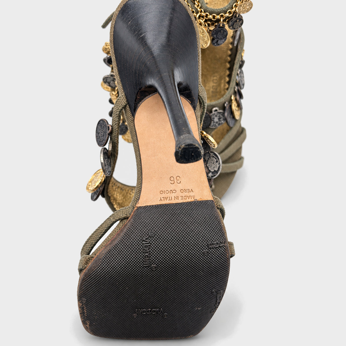 Khaki Coin-Embellished Sandals Roberto Cavalli