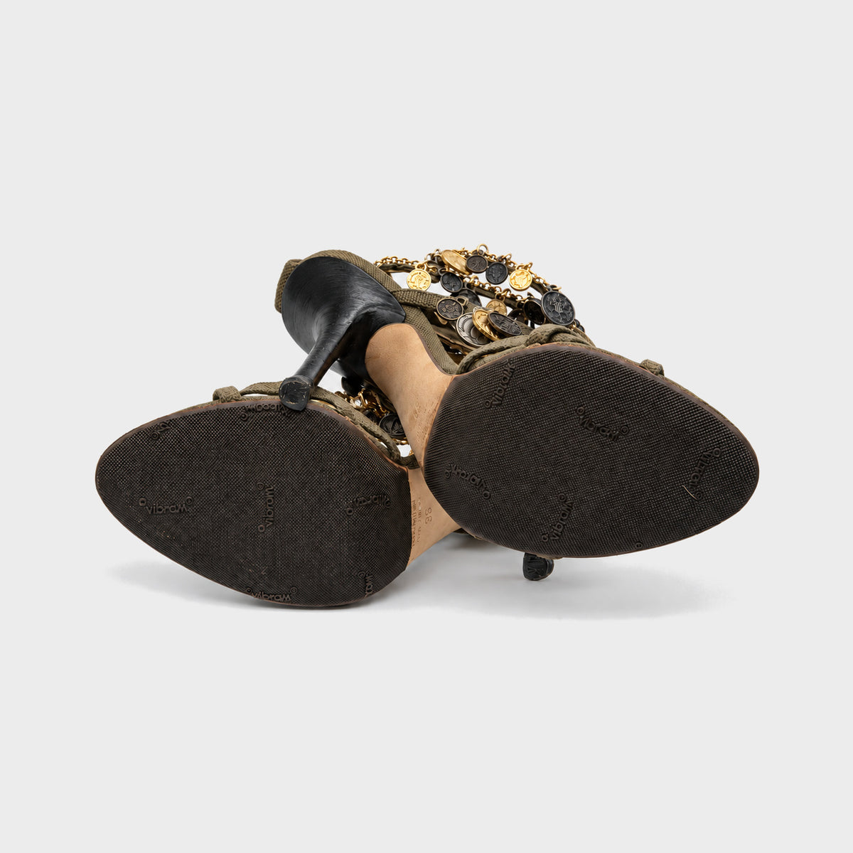 Khaki Coin-Embellished Sandals Roberto Cavalli
