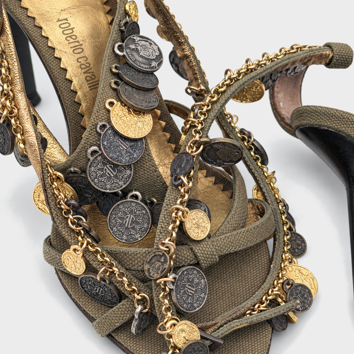 Khaki Coin-Embellished Sandals Roberto Cavalli