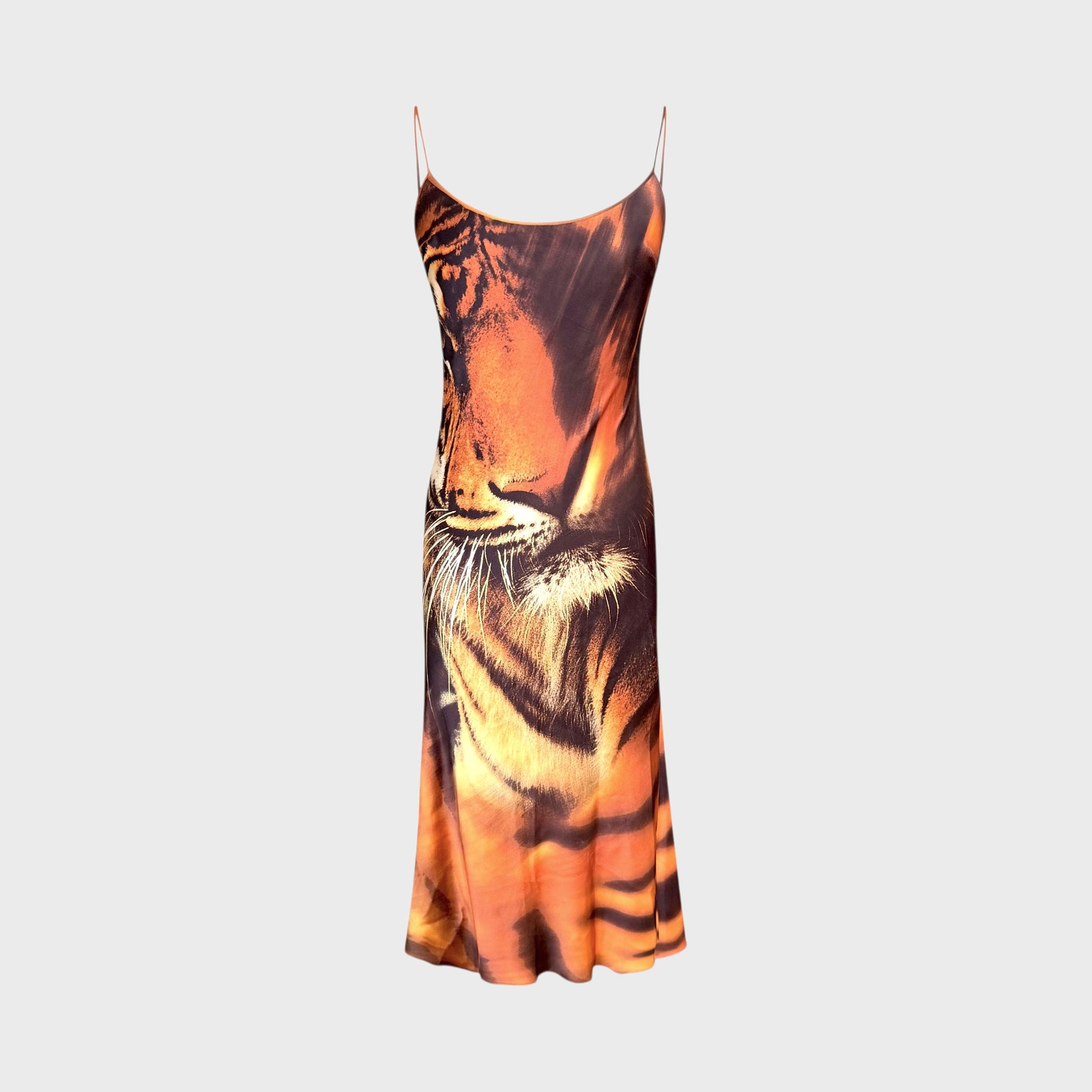 Iconic Tiger Print Silk Satin Maxi Dress Roberto Cavalli FW 2000 – Majco x Jovem