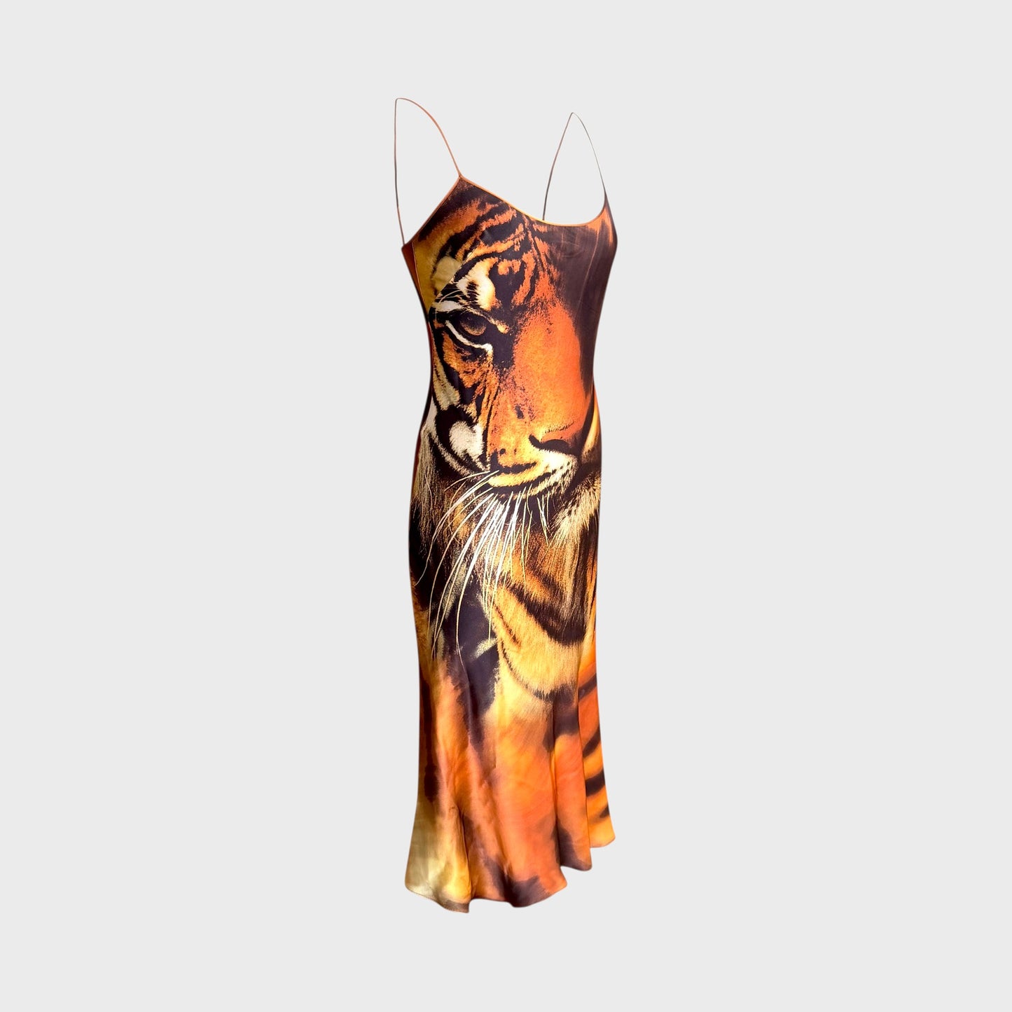 Iconic Tiger Print Silk Satin Maxi Dress Roberto Cavalli FW 2000