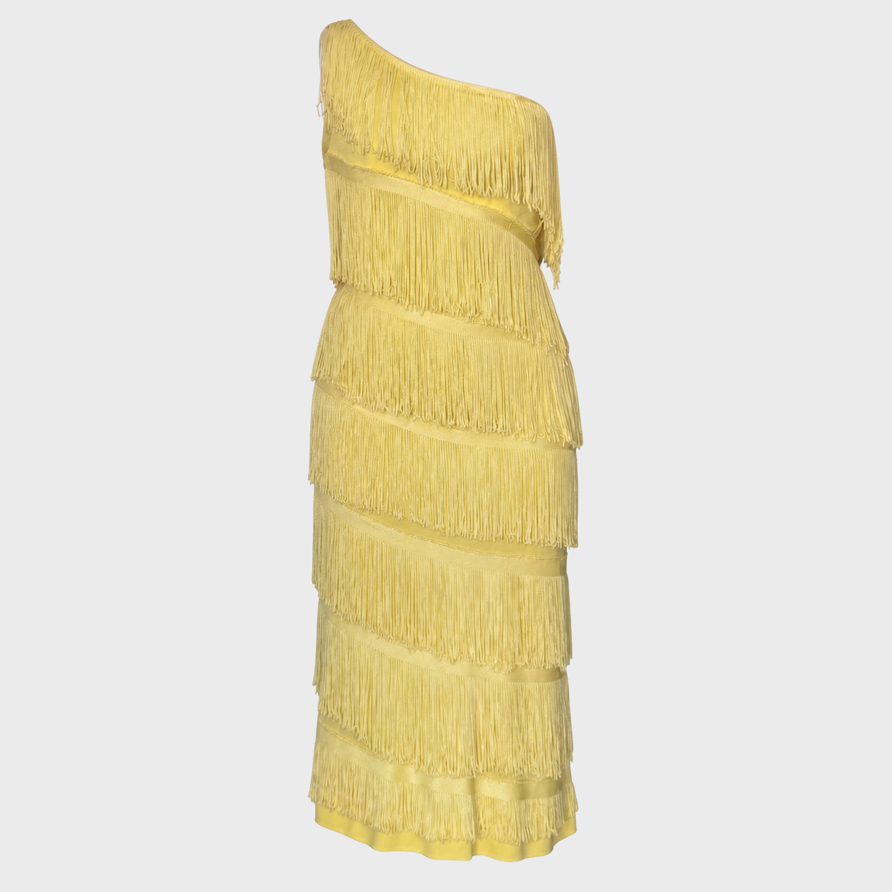 Yellow One-Shoulder Fringed Dress Loris Azzaro 1970s