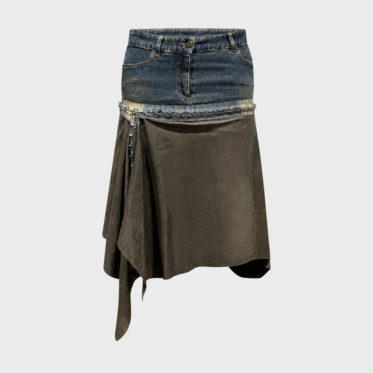 Denim and Leather Asymmetric Skirt Plein Sud FW 2003