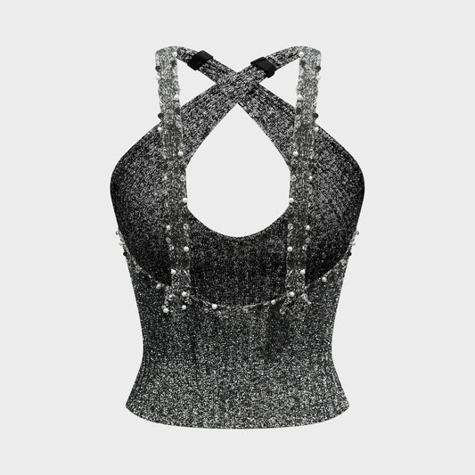 Metallic Knit Embellished Cut-Out Top Loris Azzaro 1970s