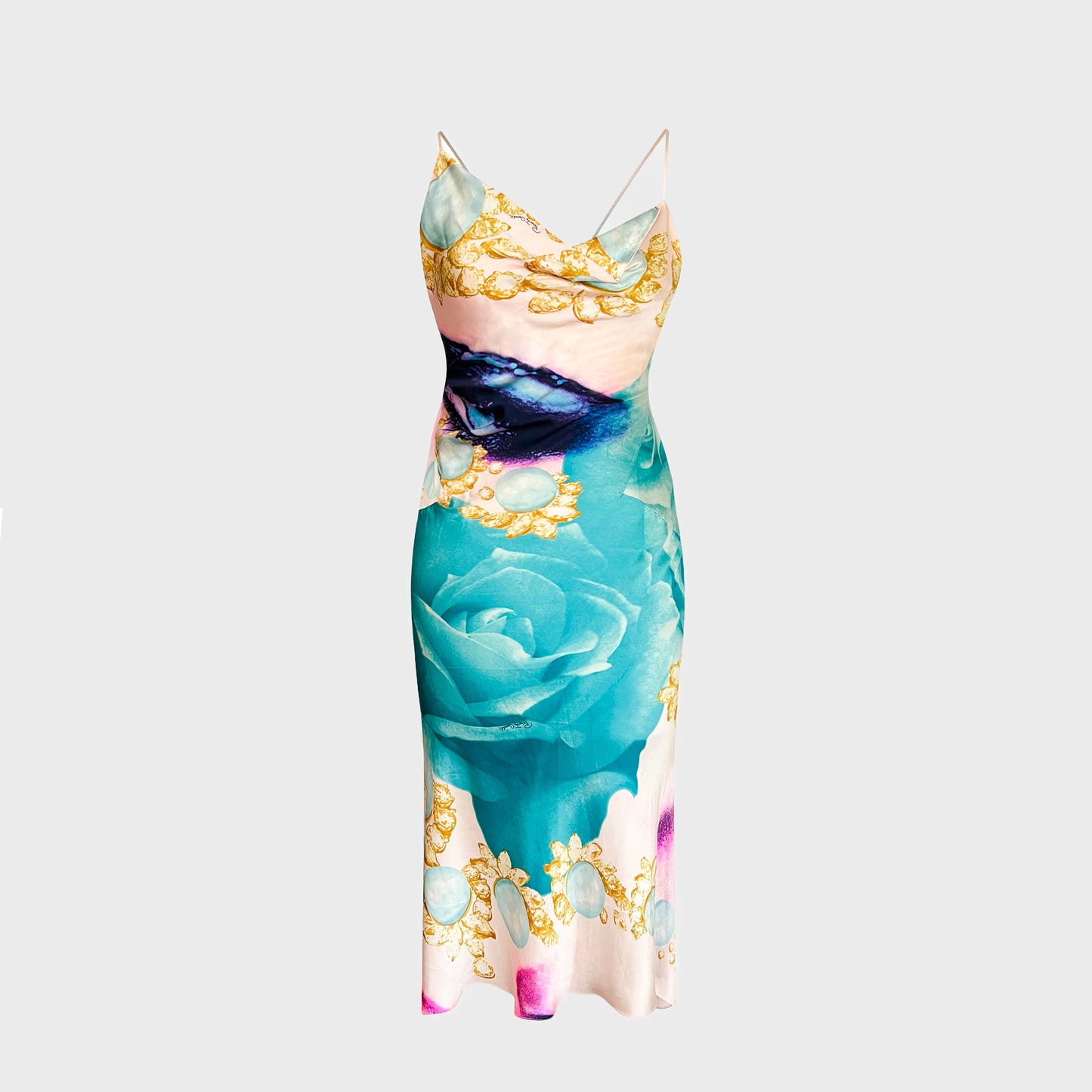 Liz Taylor Eye Print Blue Silk Dress Roberto Cavalli SS 2001