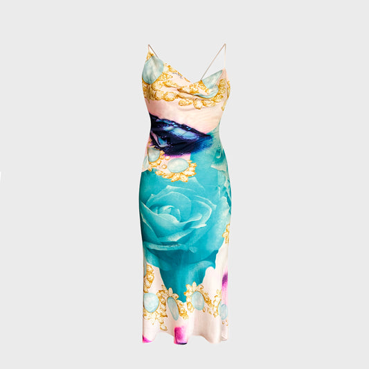 Liz Taylor Eye Print Blue Silk Dress Roberto Cavalli SS 2001