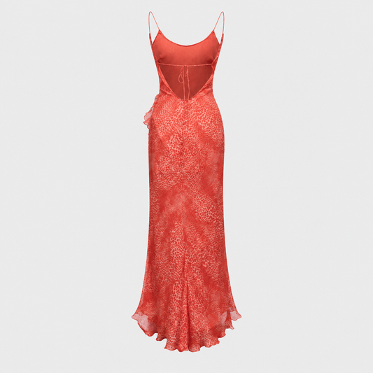 Red Leopard Print Ruffled Silk Dress Blumarine 2000s