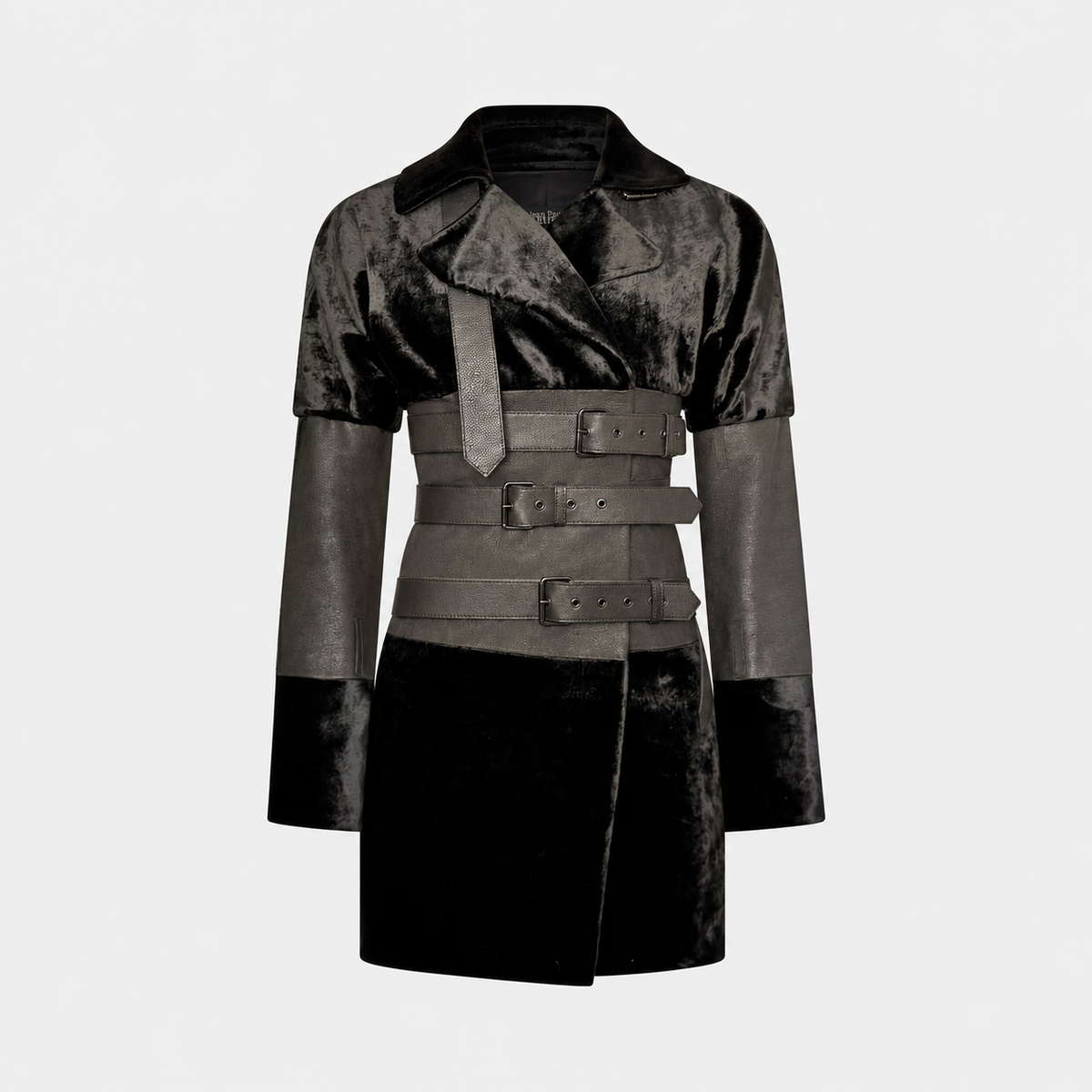 Black Velvet & Leather Belted Coat Jean Paul Gaultier