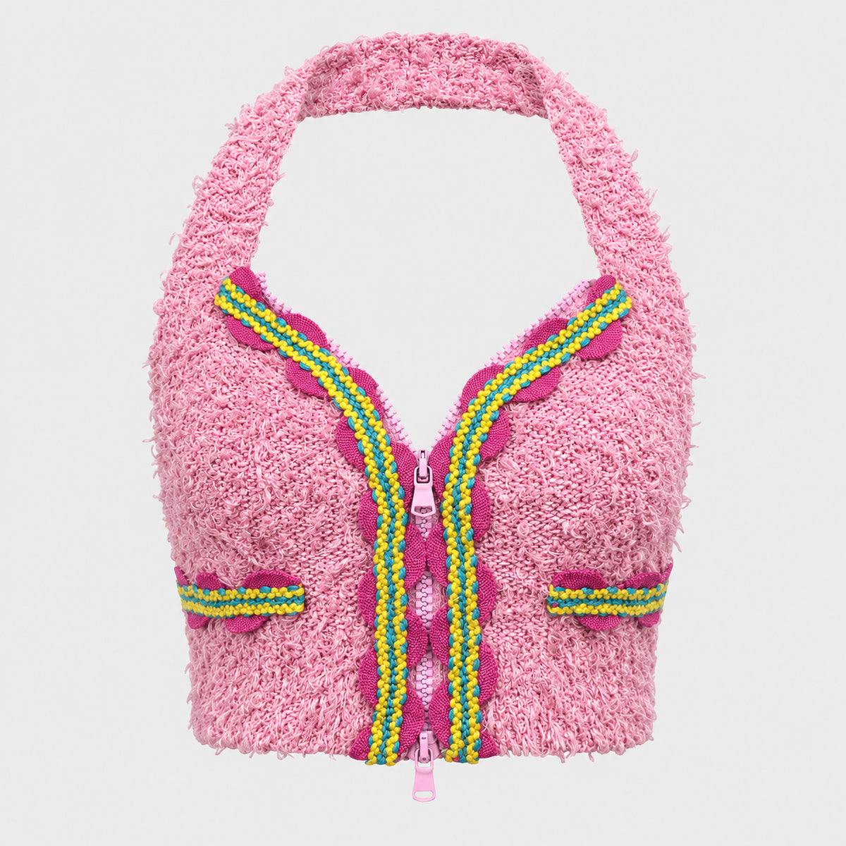 Pink Bouclé Halter Zip Top Moschino SS 2015 by Jeremy Scott