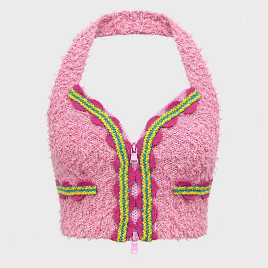 Pink Bouclé Halter Zip Top Moschino SS 2015 by Jeremy Scott