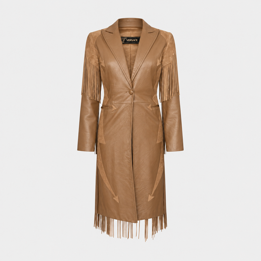 Brown Leather Fringed Trench Coat Versace FW 2003