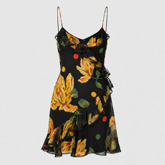 Black Floral Silk Ruffle Dress John Galliano SS 2004