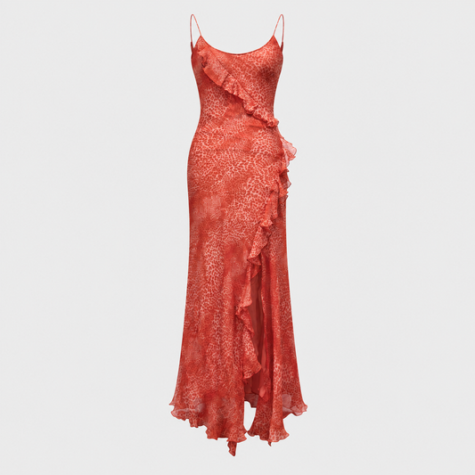 Red Leopard Print Ruffled Silk Dress Blumarine 2000s