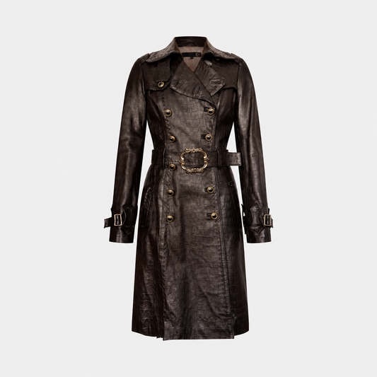 Black Embossed Leather Trench Coat Roberto Cavalli